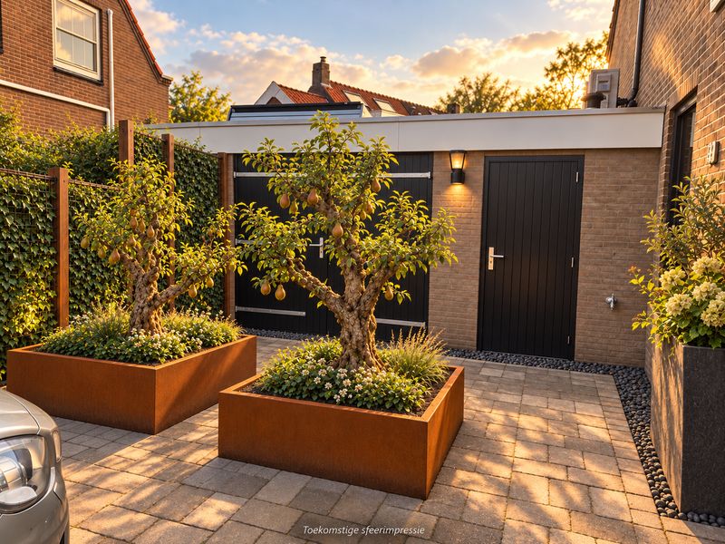 Sfeerimpressie van de patio zoals hij wordt: twee oude perenbomen in roestbruine plantenbakken, met de zwarte deur naar de kamer erachter, in avondzon